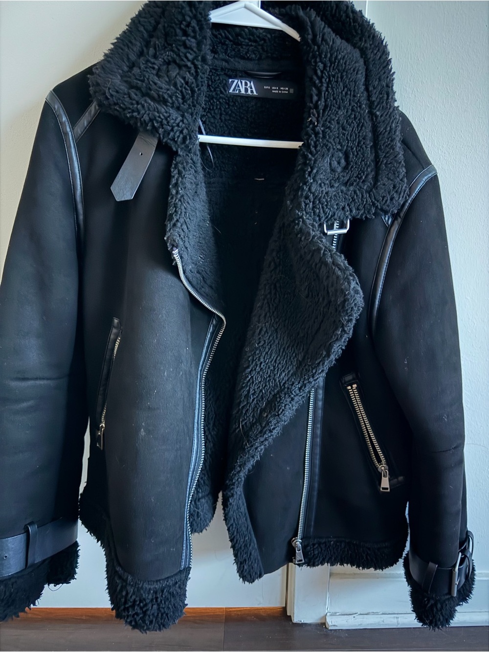 ZARA Black Faux Shearling Aviator Jacket with Buckle Details